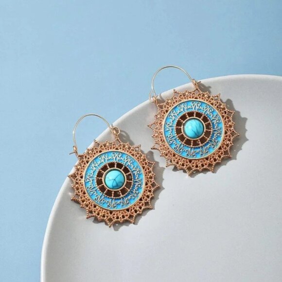 Turquoise & Gold Vintage Ethnic Hoop Earrings - Picture 4 of 4